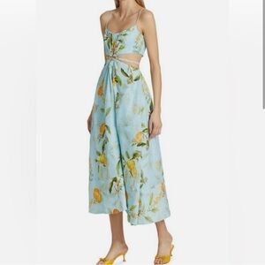 ML Monique Lhuillier Linen Blend Cutout Midi Dress Limoncello Sky-Size 8-EUC